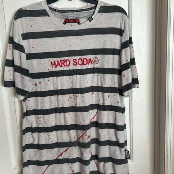 Hard soda t shirt. Gray black striped with Red splatter design.  Size XL - Picture 1 of 7